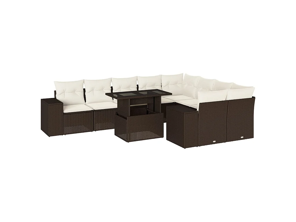 Salon de jardin 10 pcs avec coussins marron résine tressée