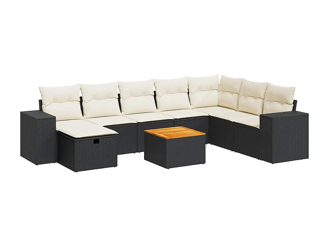 9-tlg. Garten-Sofagarnitur mit Kissen Schwarz Poly Rattan