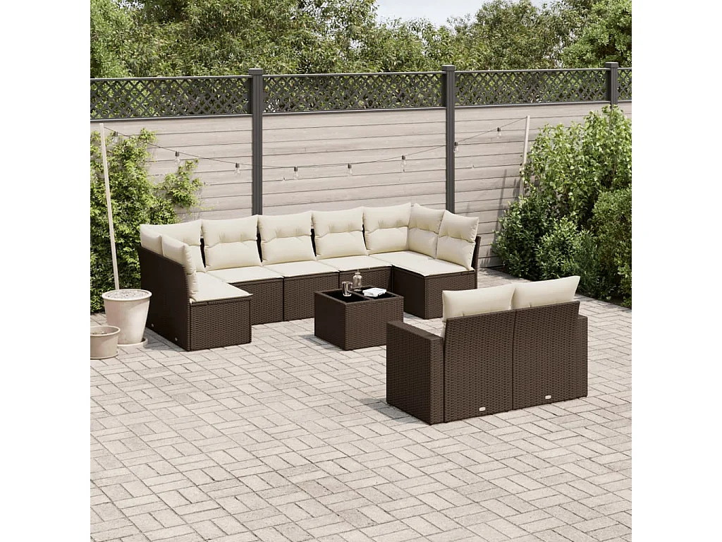 10-tlg. Garten-Sofagarnitur mit Kissen Braun Poly Rattan