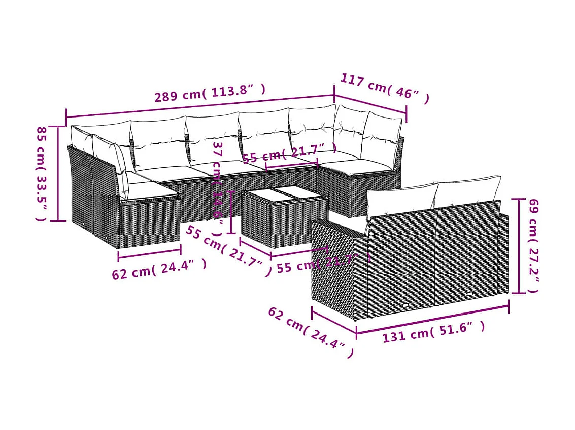 10-tlg. Garten-Sofagarnitur mit Kissen Braun Poly Rattan