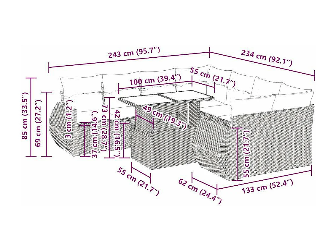 Salon de jardin 9 pcs avec coussins gris résine tressée