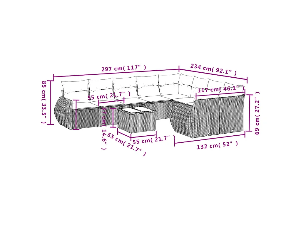 10-delige Loungeset met kussens poly rattan bruin