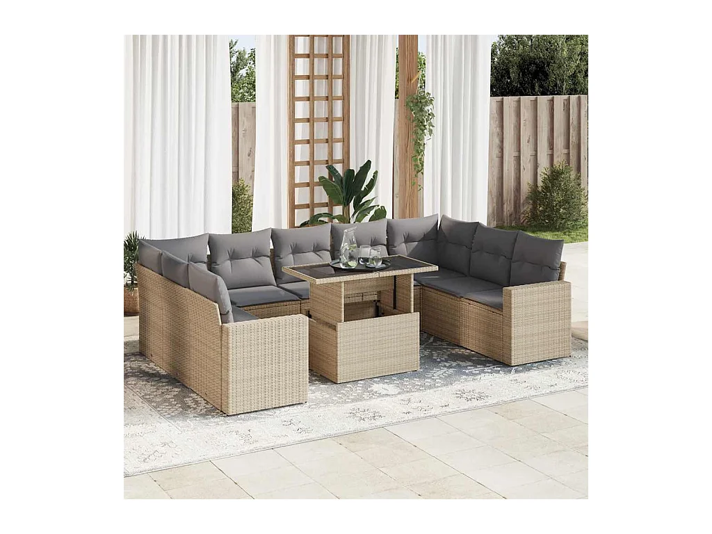 Salon de jardin avec coussins 10 pcs beige résine tressée