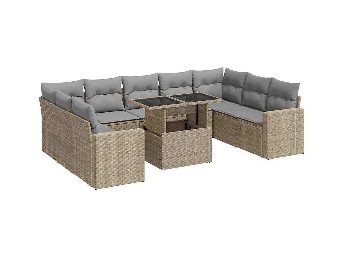 10-delige Loungeset met kussens poly rattan beige