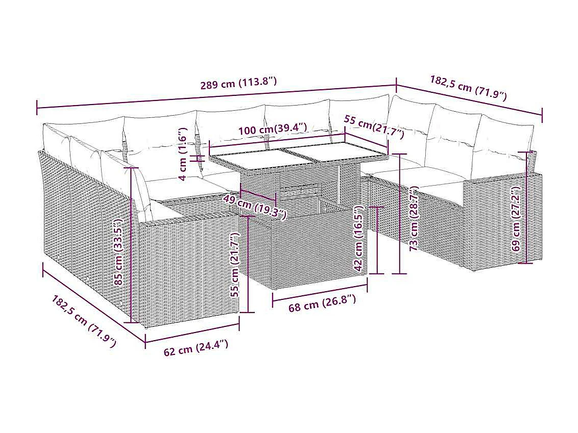 10-tlg. Garten-Sofagarnitur mit Kissen Beige Poly Rattan