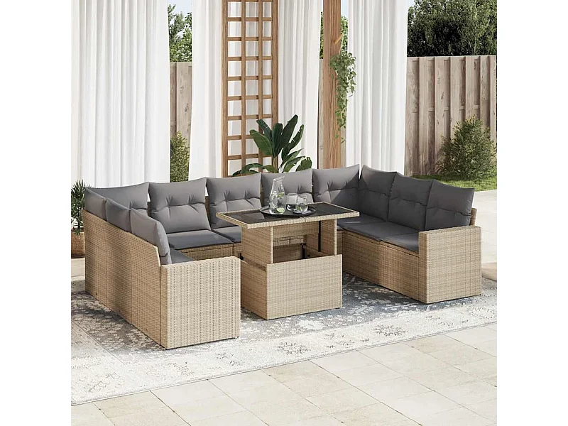 10-tlg. Garten-Sofagarnitur mit Kissen Beige Poly Rattan