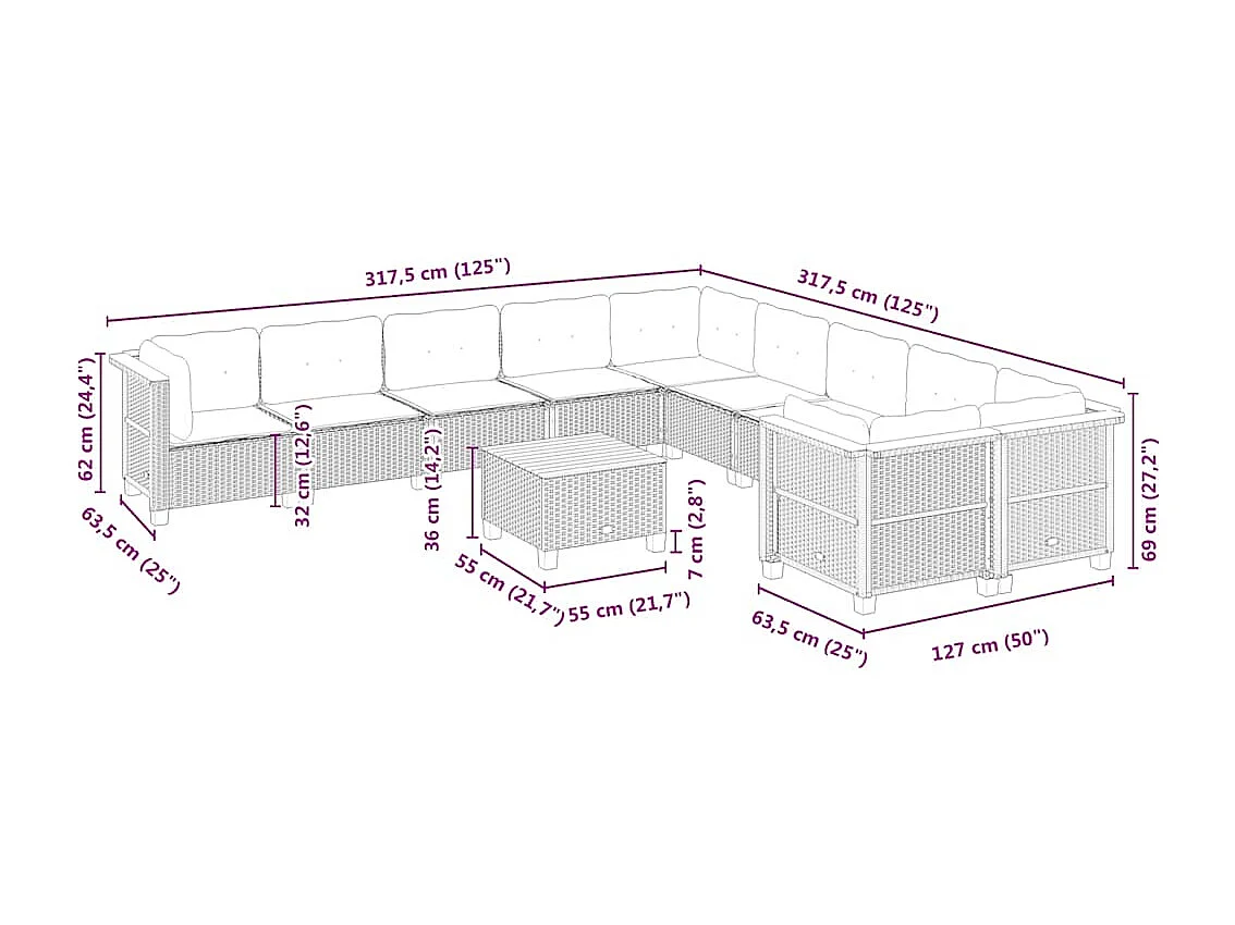 Set Divani da Giardino 11 pz con Cuscini Beige in Polyrattan