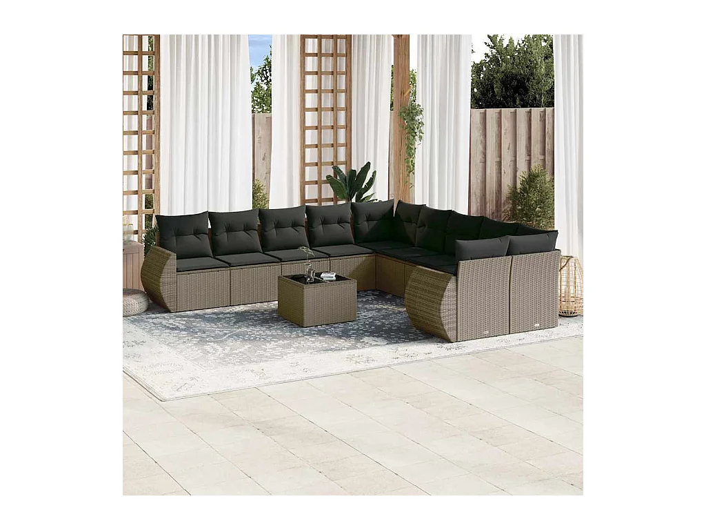 Salon de jardin 11 pcs avec coussins gris clair résine tressée