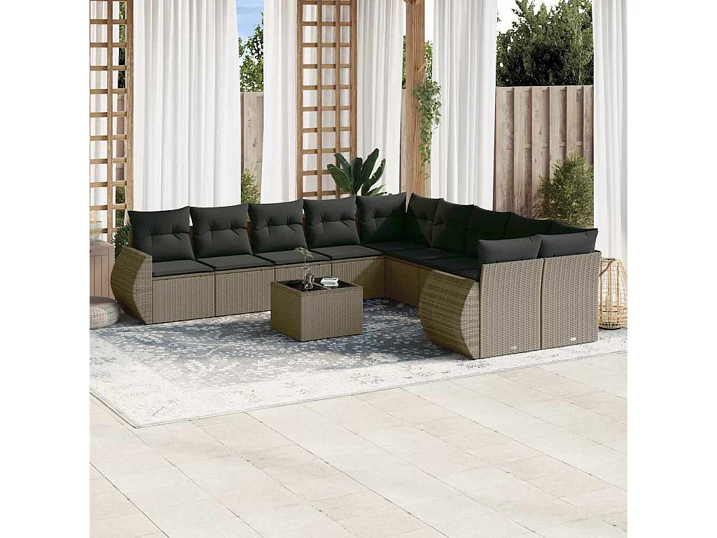 11-tlg. Garten-Sofagarnitur mit Kissen Hellgrau Poly Rattan