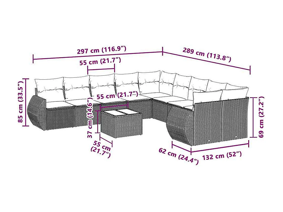 11-tlg. Garten-Sofagarnitur mit Kissen Hellgrau Poly Rattan
