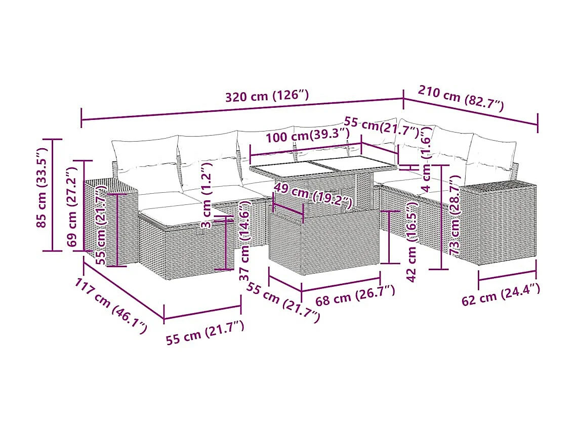 Salon de jardin avec coussins 9 pcs marron résine tressée