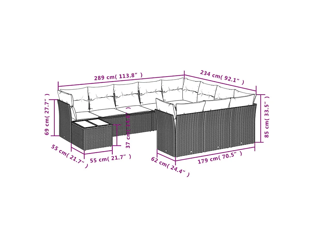 11-tlg. Garten-Sofagarnitur mit Kissen Braun Poly Rattan
