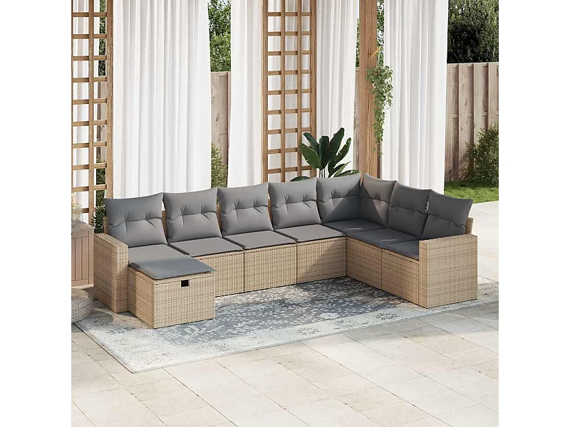 Set Divano da Giardino 8 pz con Cuscini Beige in Polyrattan
