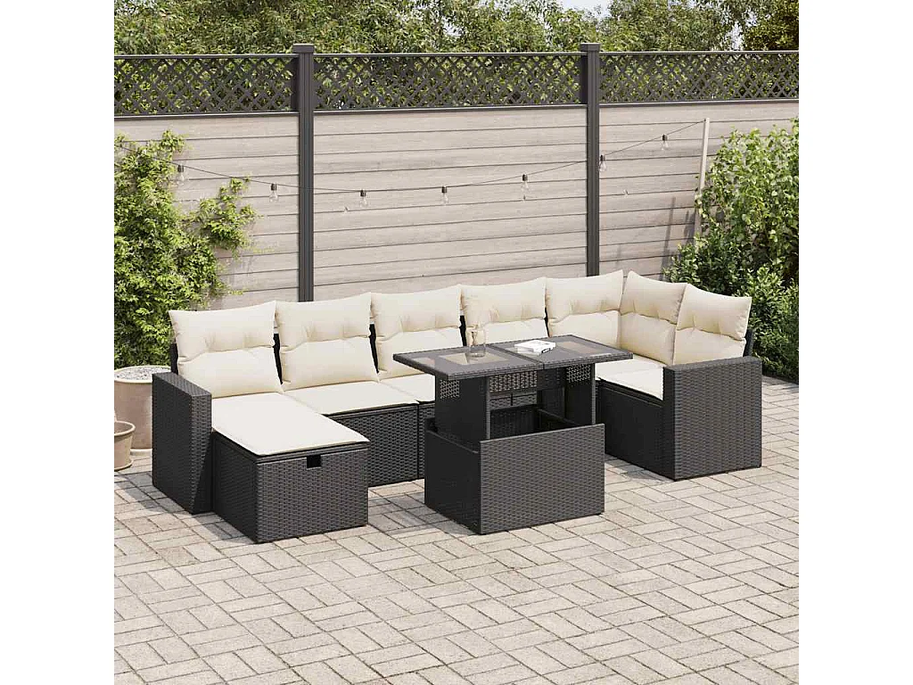 8-delige Loungeset met kussens poly rattan zwart