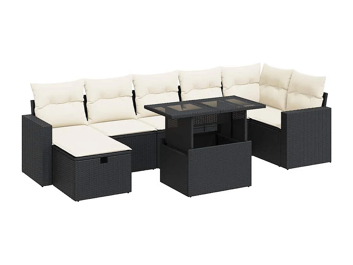 8-delige Loungeset met kussens poly rattan zwart