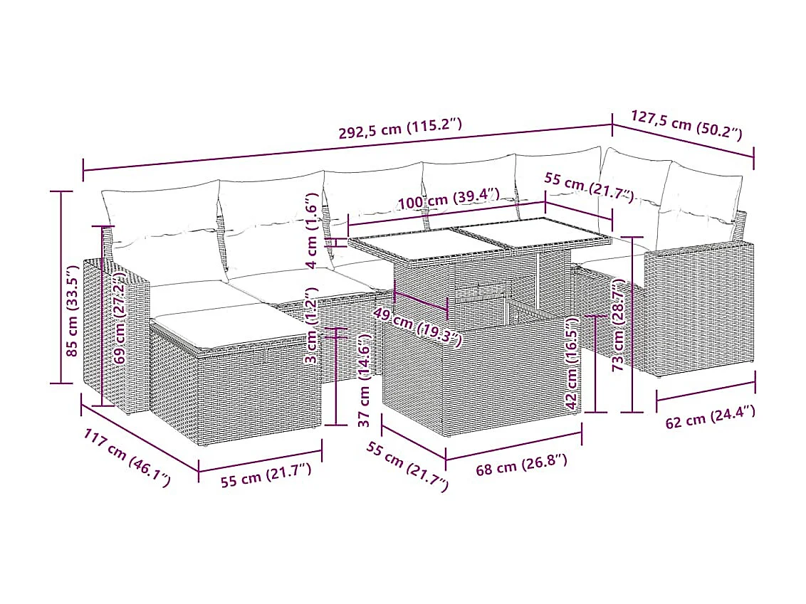 8-delige Loungeset met kussens poly rattan zwart