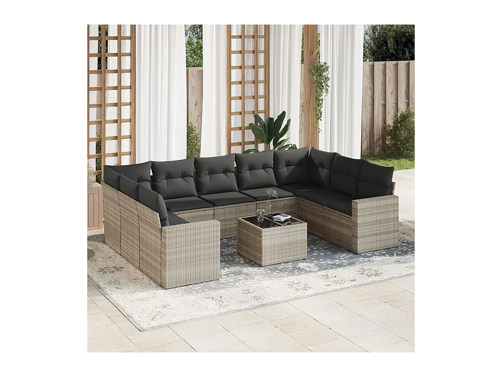 Salon de jardin avec coussins 10 pcs gris clair résine tressée