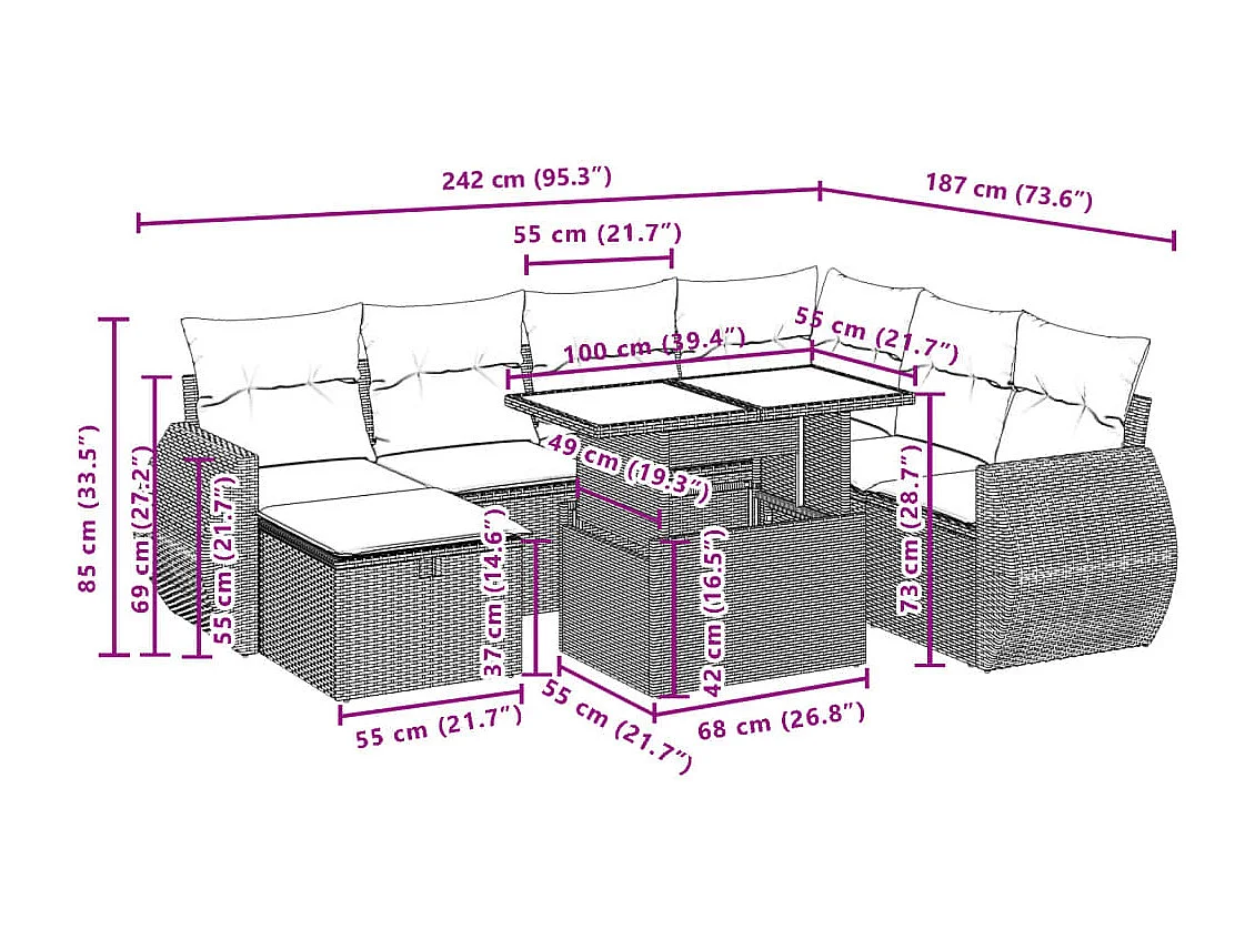 Salon de jardin avec coussins 8 pcs beige résine tressée