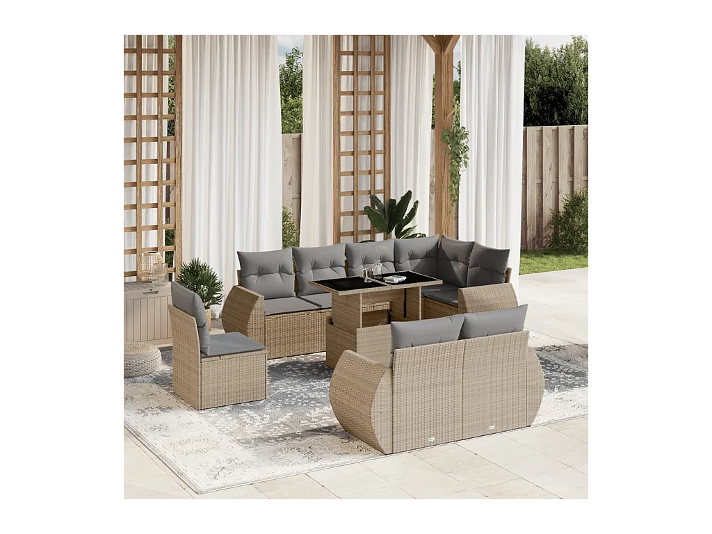 Salon de jardin avec coussins 9 pcs beige résine tressée