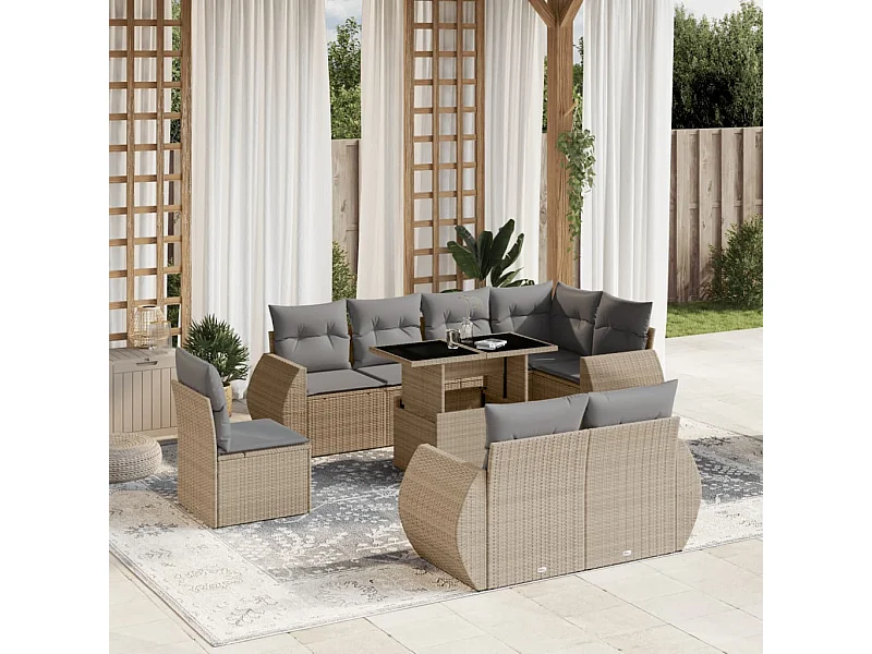 Set de sofás de jardín 9 pzas con cojines ratán sintético beige