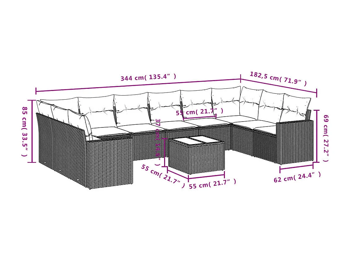 11-delige Loungeset met kussens poly rattan bruin