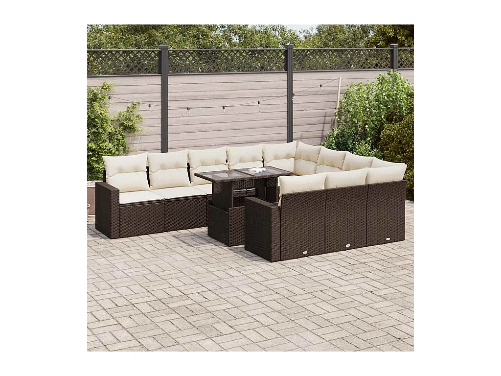 Salon de jardin et coussins 11 pcs marron résine tressée