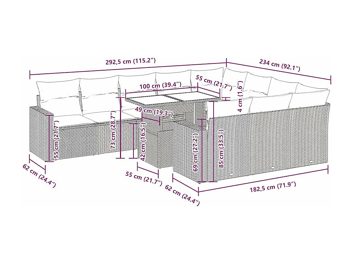 Salon de jardin et coussins 11 pcs marron résine tressée