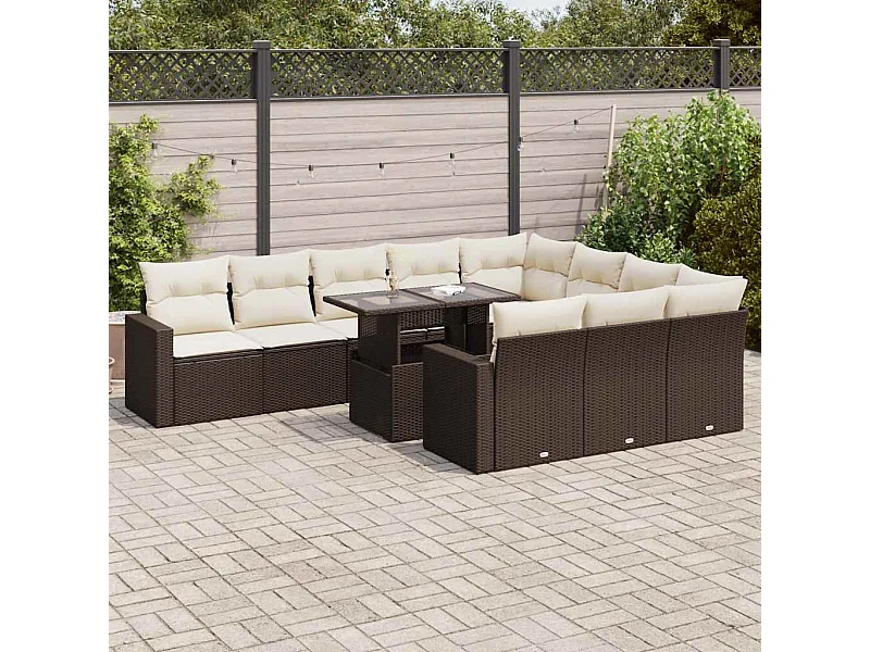 Salon de jardin et coussins 11 pcs marron résine tressée