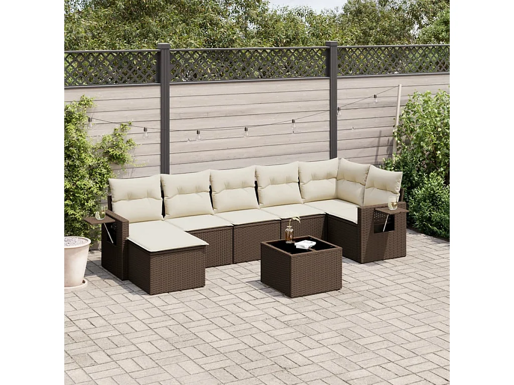 8-delige Loungeset met kussens poly rattan bruin