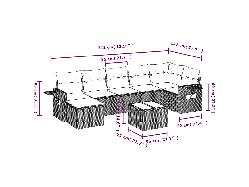 8-delige Loungeset met kussens poly rattan bruin