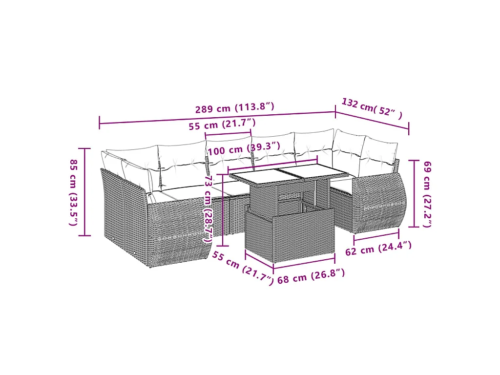 8-tlg. Garten-Sofagarnitur mit Kissen Braun Poly Rattan