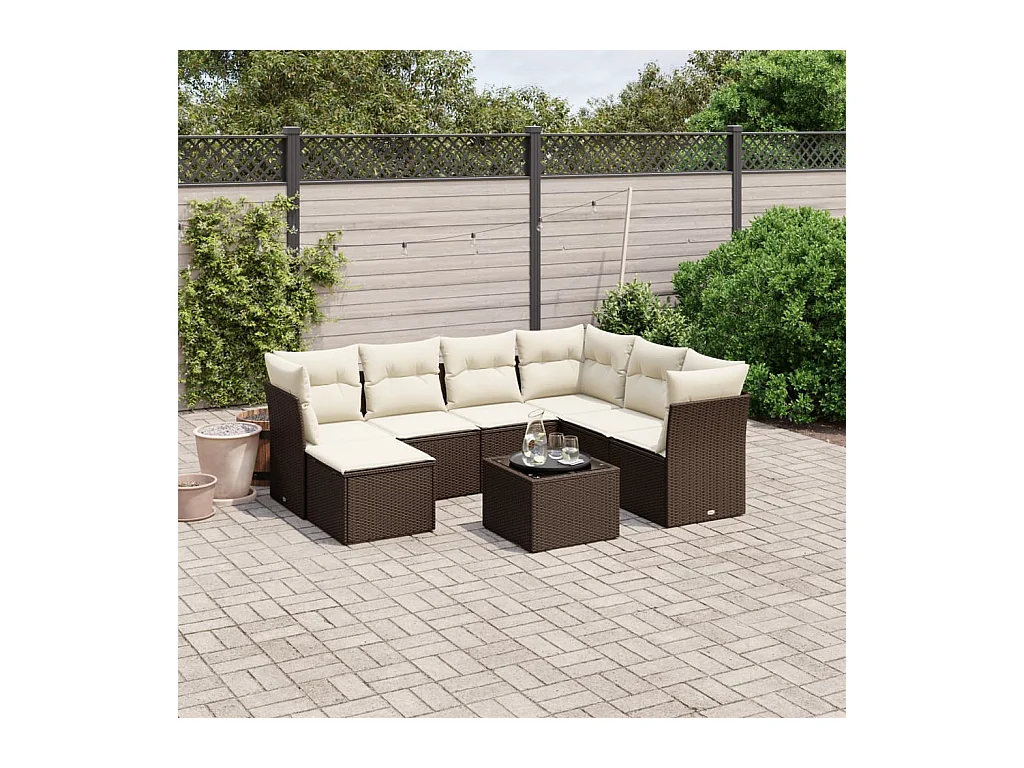 Salon de jardin 8 pcs avec coussins marron résine tressée