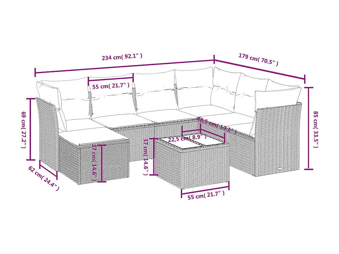 8-tlg. Garten-Sofagarnitur mit Kissen Braun Poly Rattan