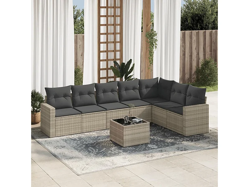 Set Divano da Giardino 8pz con Cuscini Grigio Chiaro Polyrattan