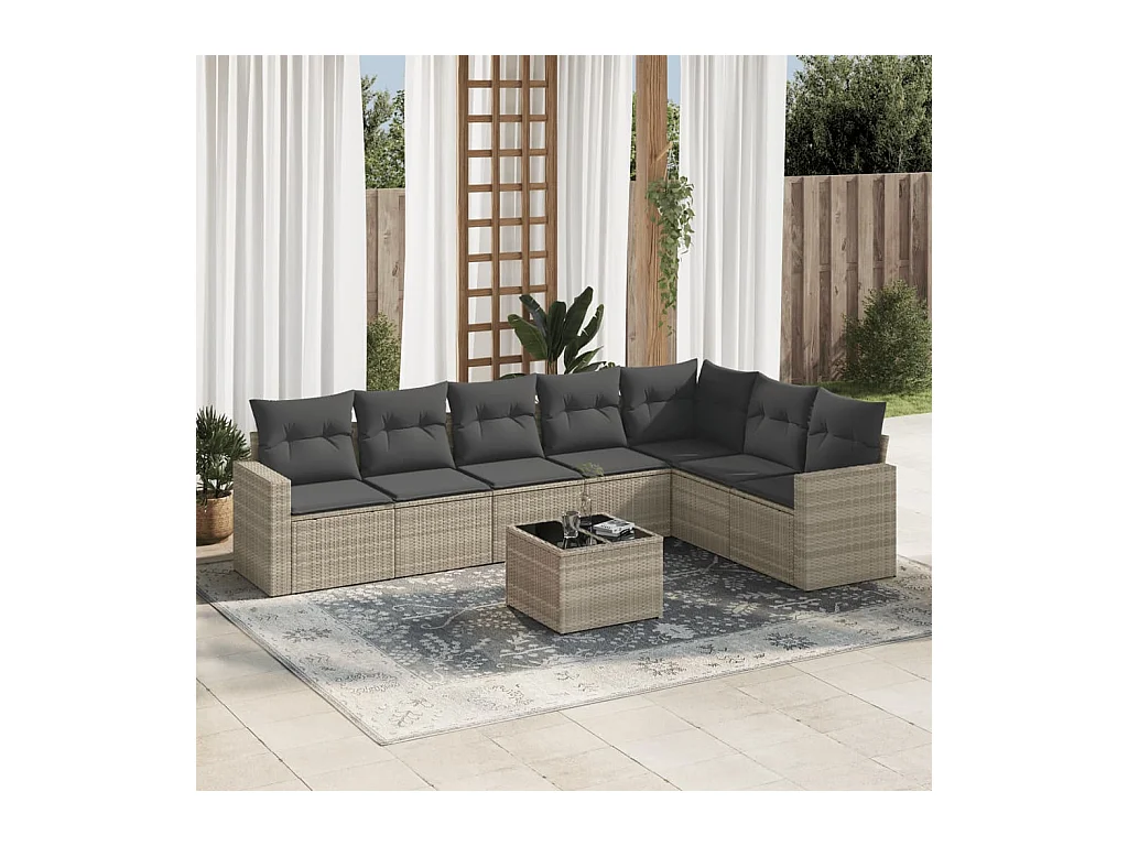 Salon de jardin 8 pcs avec coussins gris clair résine tressée