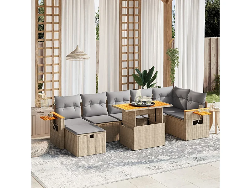 8-tlg. Garten-Sofagarnitur mit Kissen Beige Poly Rattan
