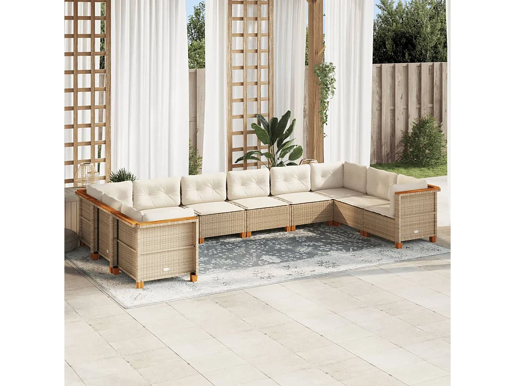 Set Divano da Giardino 10 pz con Cuscini Beige in Polyrattan
