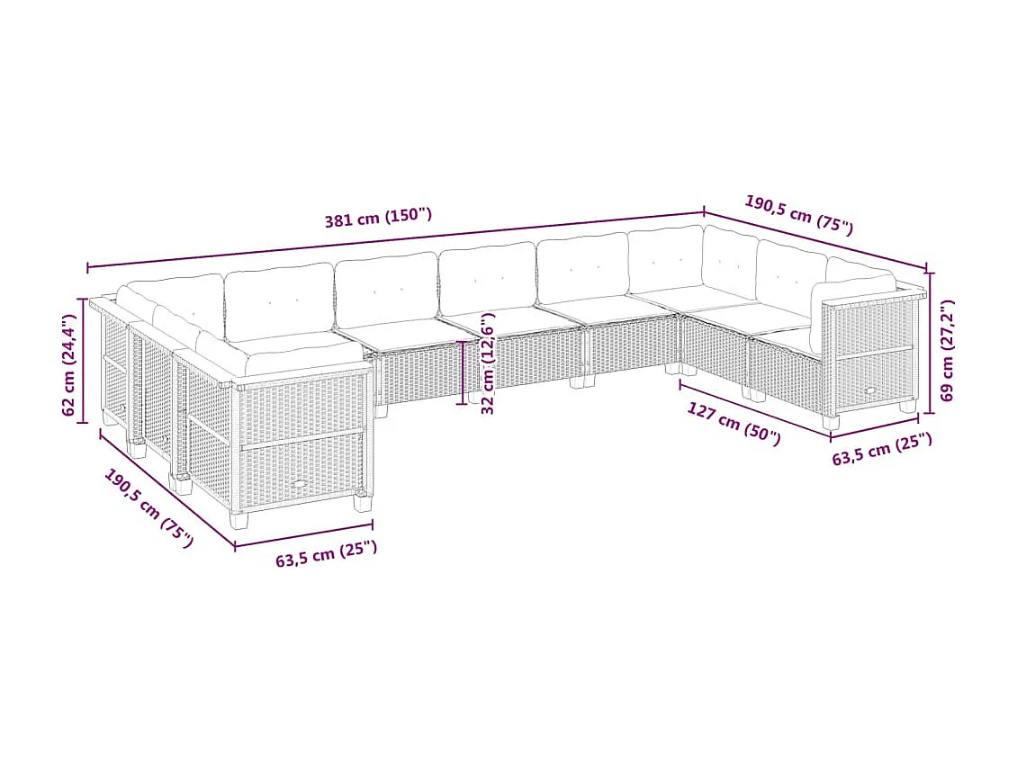 Set Divano da Giardino 10 pz con Cuscini Beige in Polyrattan