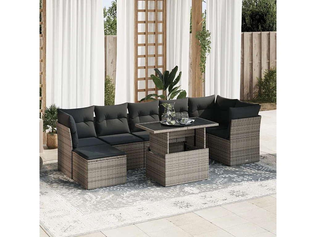 Salon de jardin 8 pcs avec coussins gris résine tressée