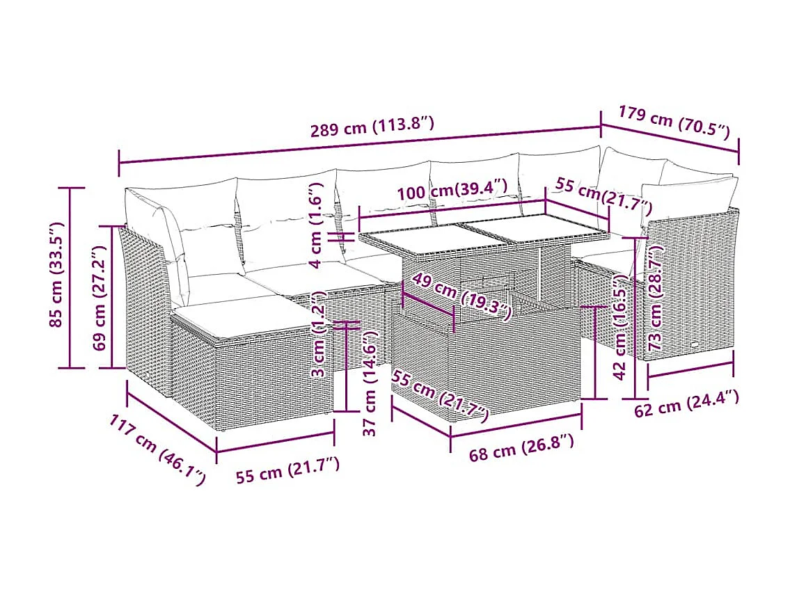 Salon de jardin 8 pcs avec coussins gris résine tressée