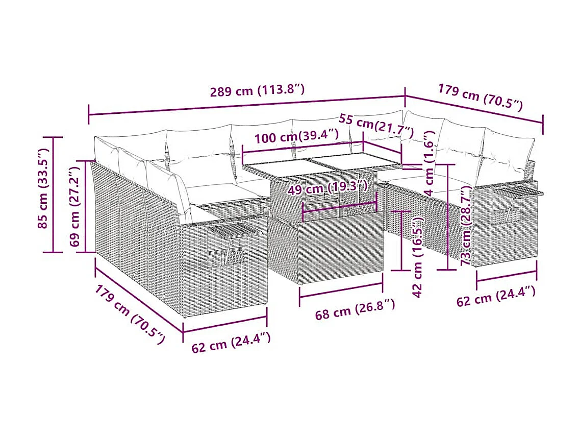 10-tlg. Garten-Sofagarnitur mit Kissen Schwarz Poly Rattan