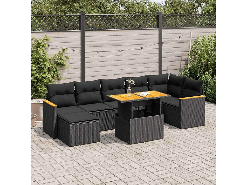 Salon de jardin avec coussins 8 pcs noir résine tressée acacia