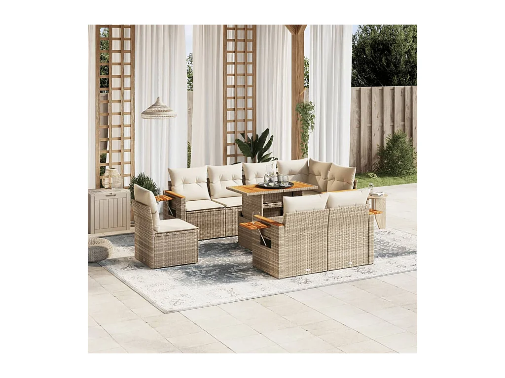 Salon de jardin avec coussins 9 pcs beige résine tressée