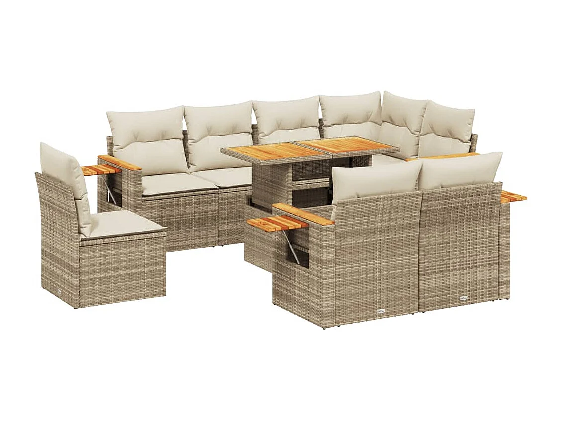 9-tlg. Garten-Sofagarnitur mit Kissen Beige Poly Rattan