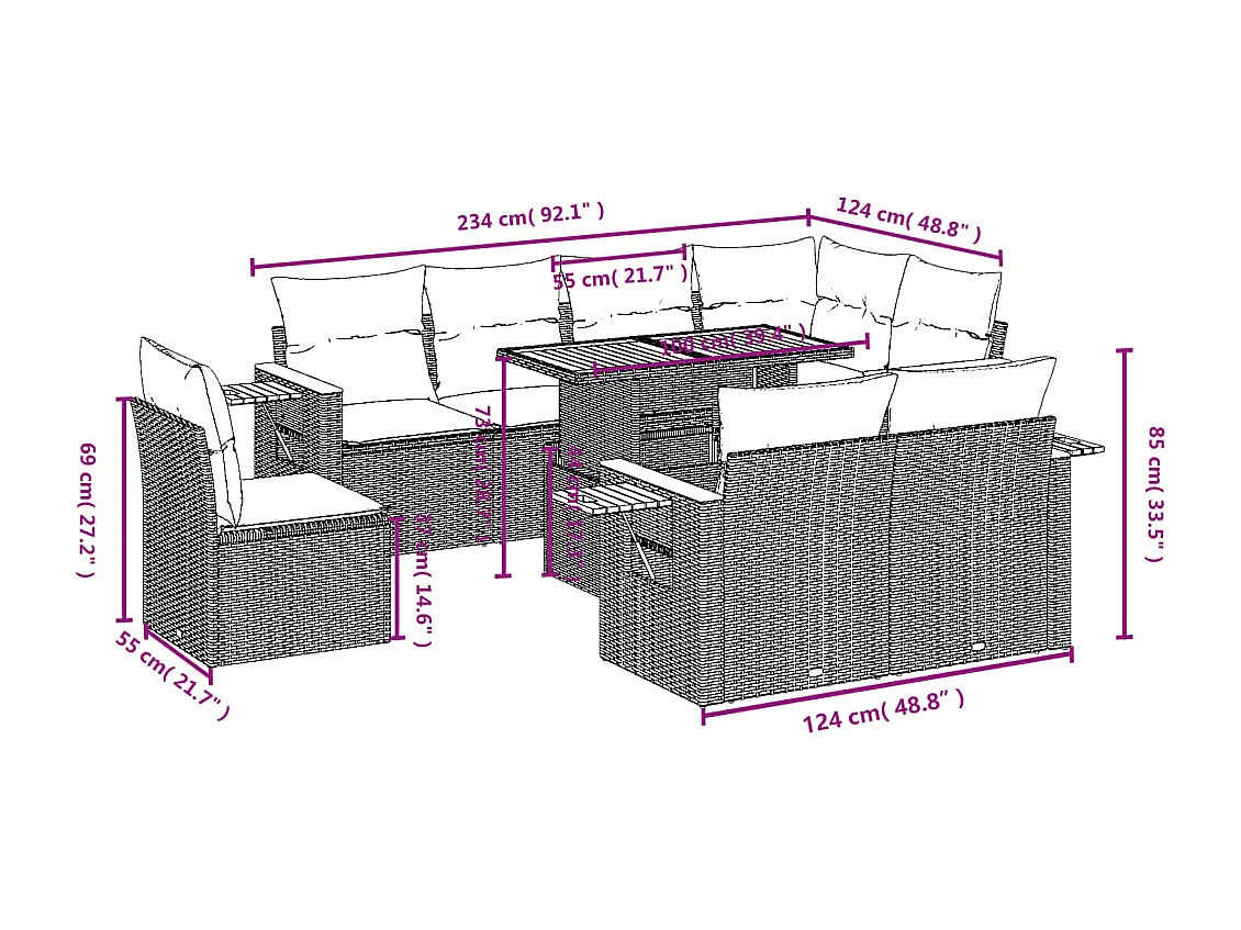 9-tlg. Garten-Sofagarnitur mit Kissen Beige Poly Rattan