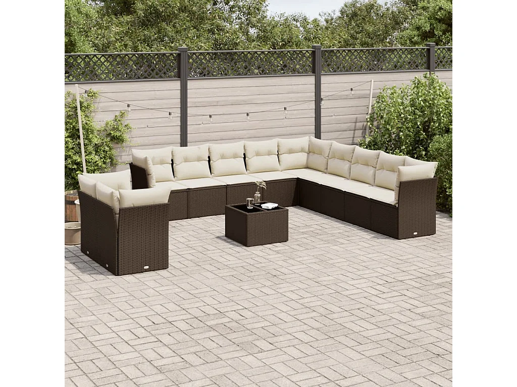 12-tlg. Garten-Sofagarnitur mit Kissen Braun Poly Rattan