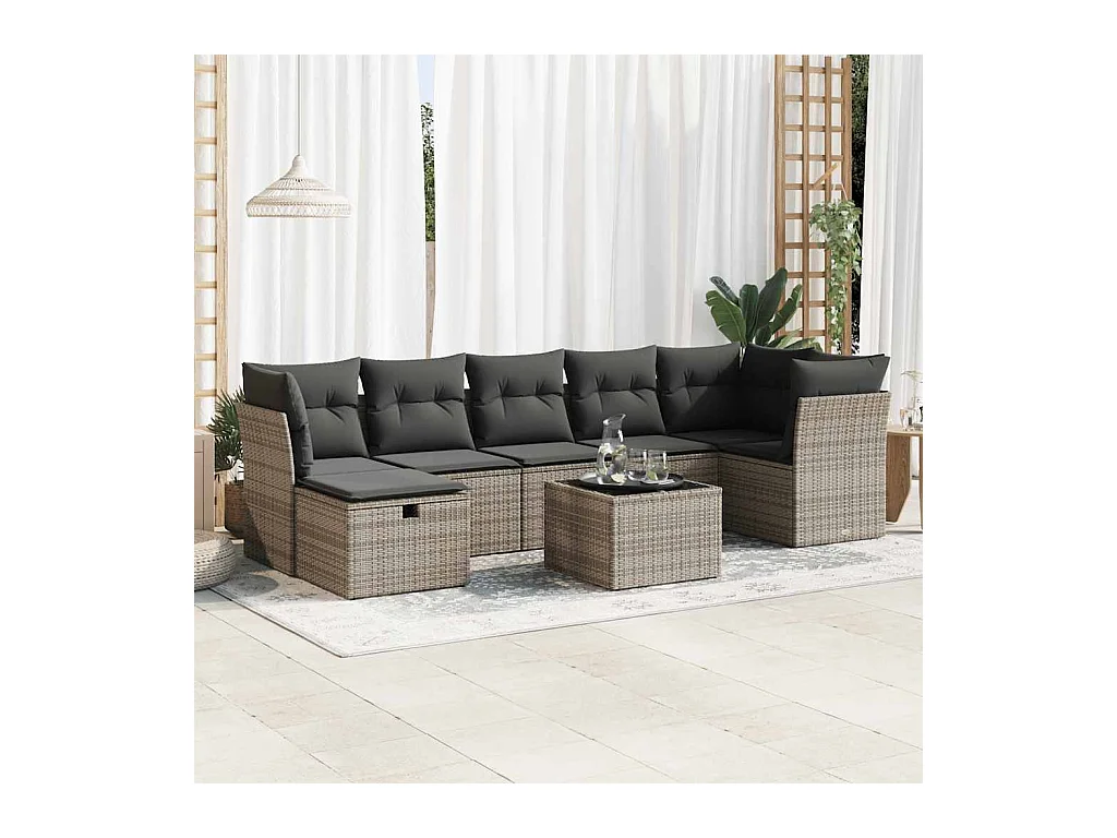 Salon de jardin 8 pcs avec coussins gris résine tressée