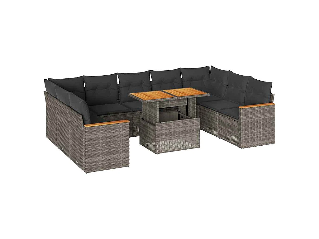 10-delige Loungeset met kussens poly rattan acacia grijs