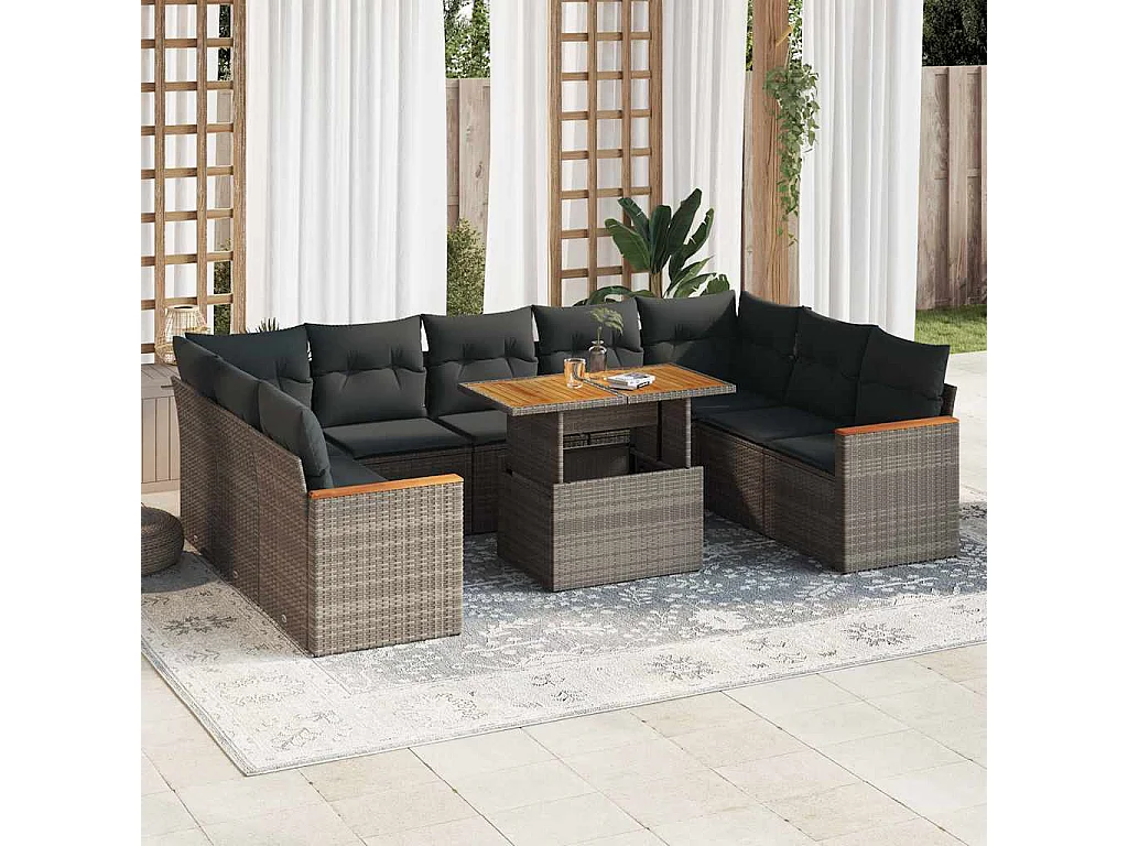 10-delige Loungeset met kussens poly rattan acacia grijs