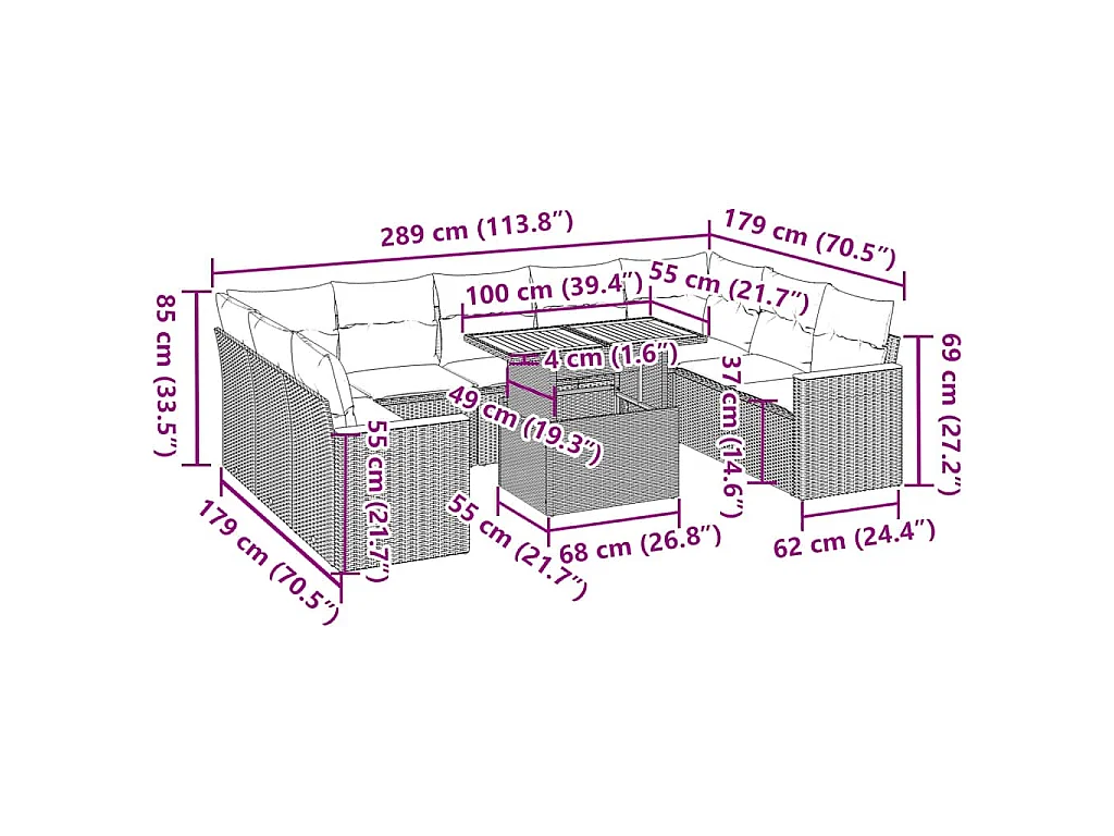 10-delige Loungeset met kussens poly rattan acacia grijs